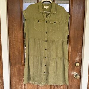 Umgee Olive Green Button-Front Tiered Mini Dress